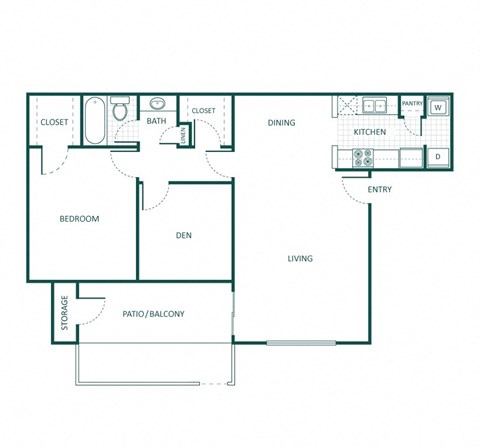 Floor plan for 2 beds, 1 bath, 761 sqft